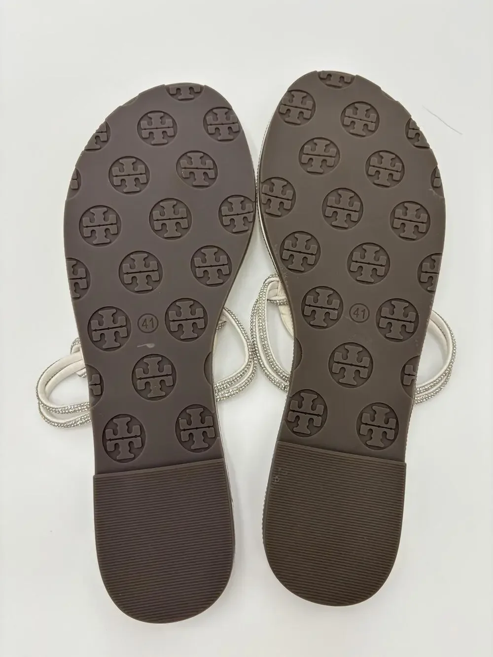 Tory Burch Women's White Rhinestone Logo Comfort Slip On Thong Sandals Size 10